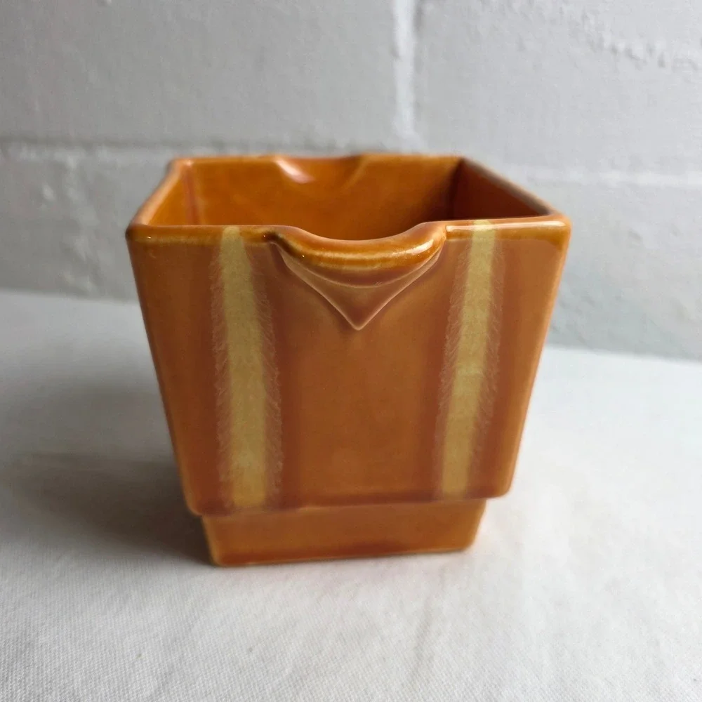 Vintage MCM Hull Persimmon Orange Drip Glaze Square Ceramic Candle Holder 67 USA